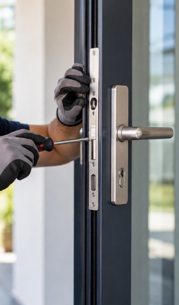 Mains gantées vissant la plaque d’une serrure sur une porte en aluminium